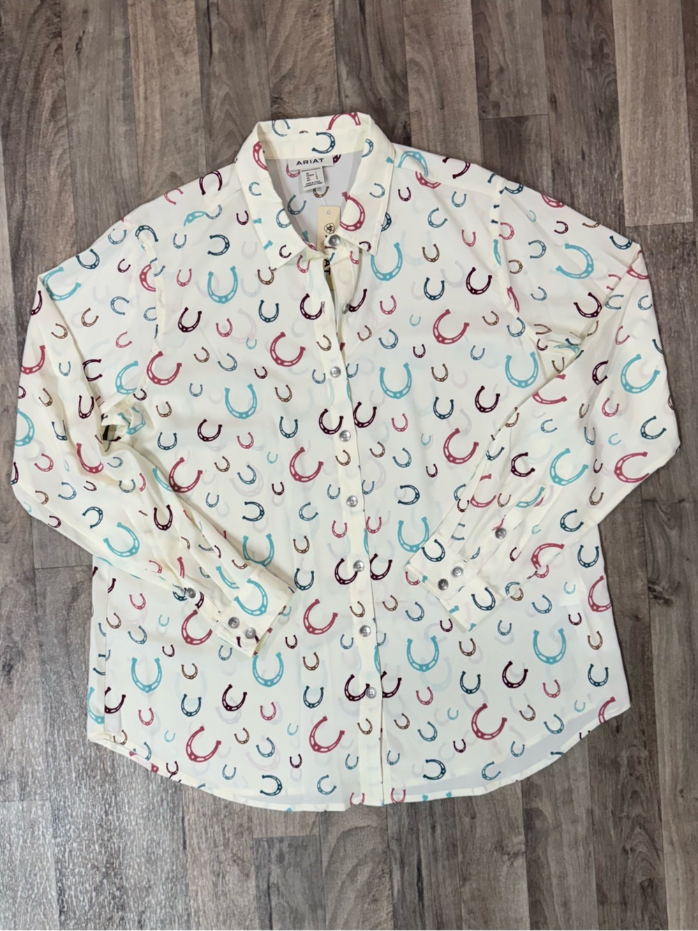 Ariat Sheer Horseshoe Print Western Shirt Women’s Large NWT Rodeo Cowgirl Blouse